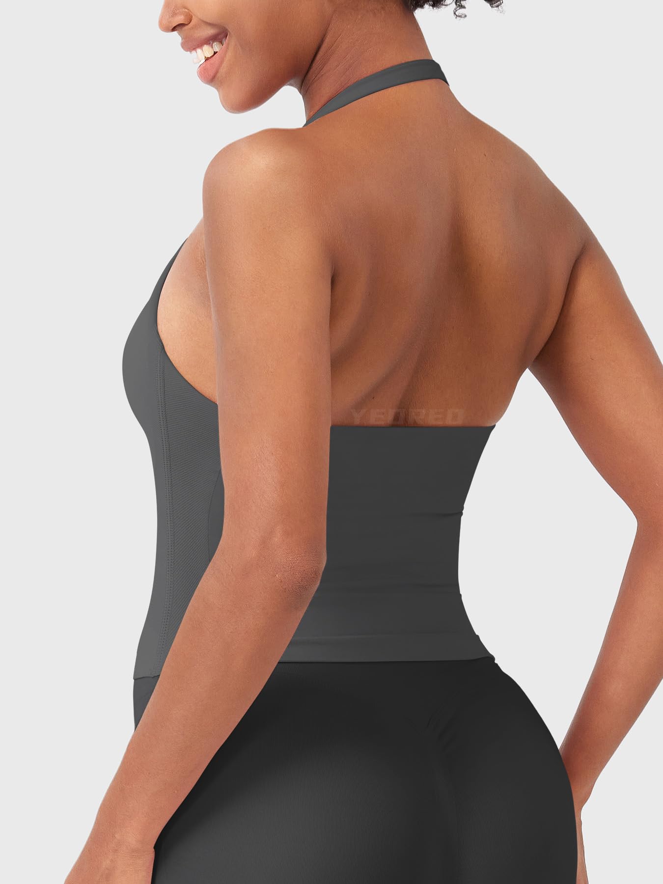 YEOREO SoftHue Women's Impact Halter Tank Top Longline Backless Scoop Neck Built-in Bra Sports Workout Gym Crop Top