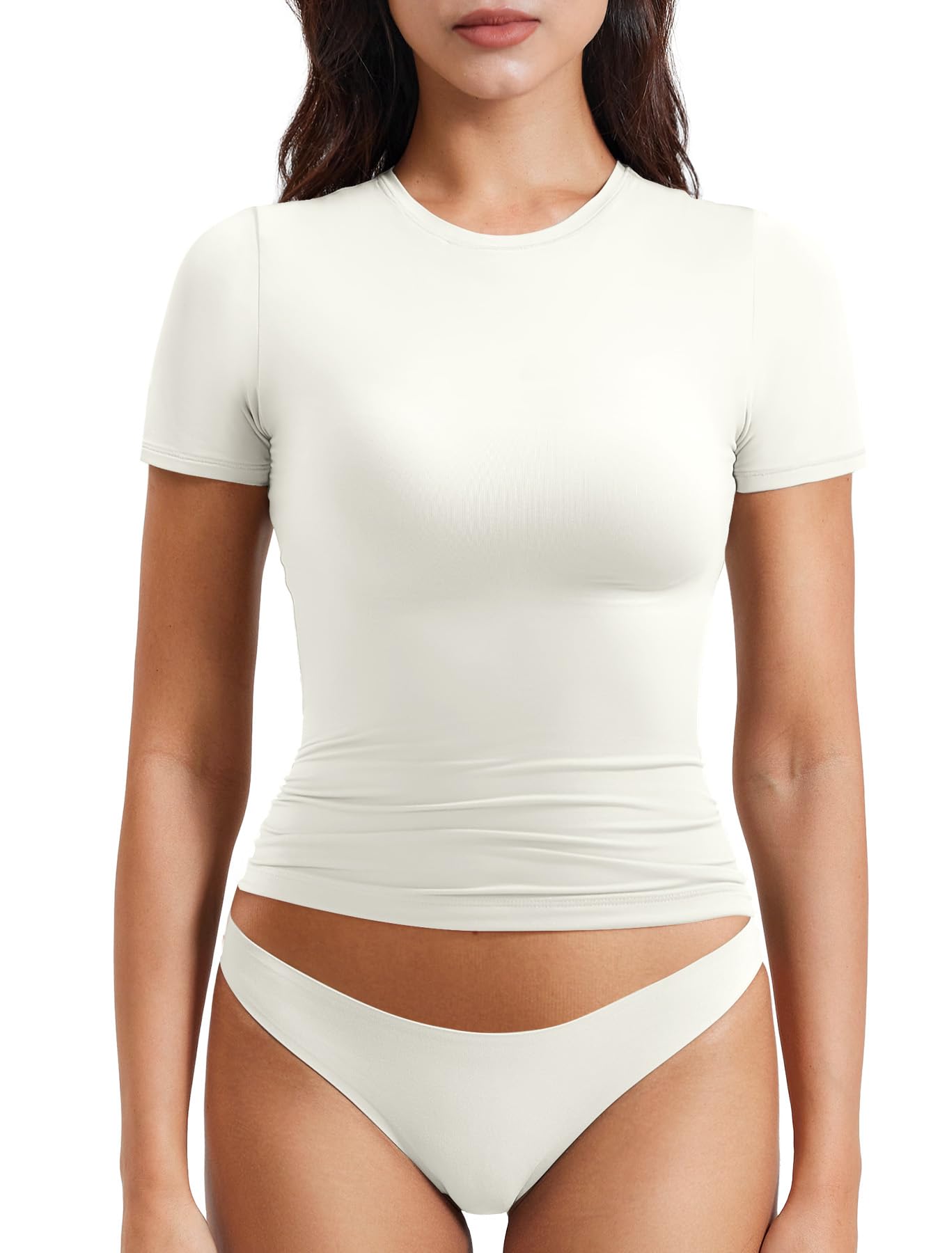 YEOREO Women Fitted Workout Tops Short Sleeve Double Lined Basic Y2K Going Out Crew Neck Compression Crop Top