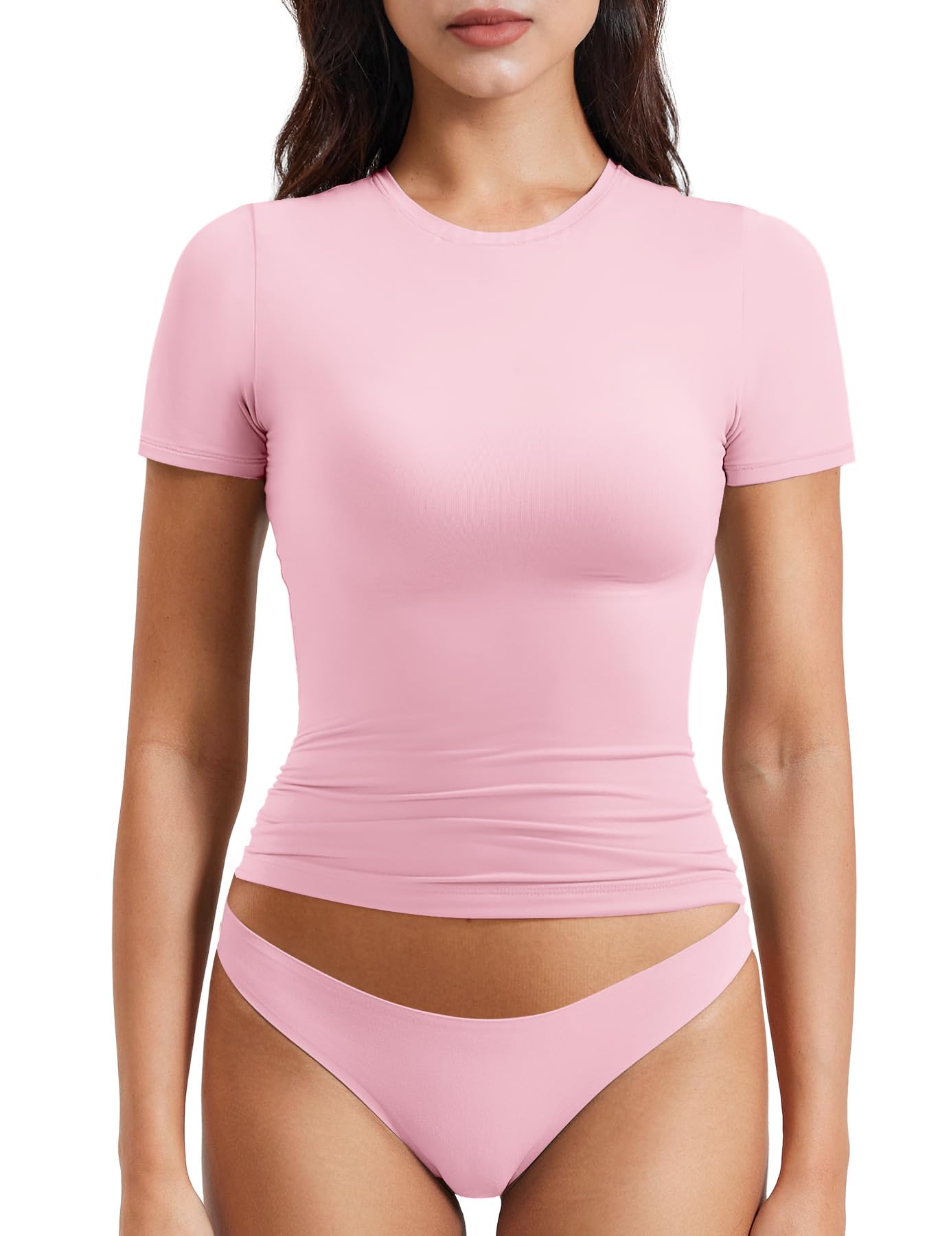 YEOREO Women Fitted Workout Tops Short Sleeve Double Lined Basic Y2K Going Out Crew Neck Compression Crop Top