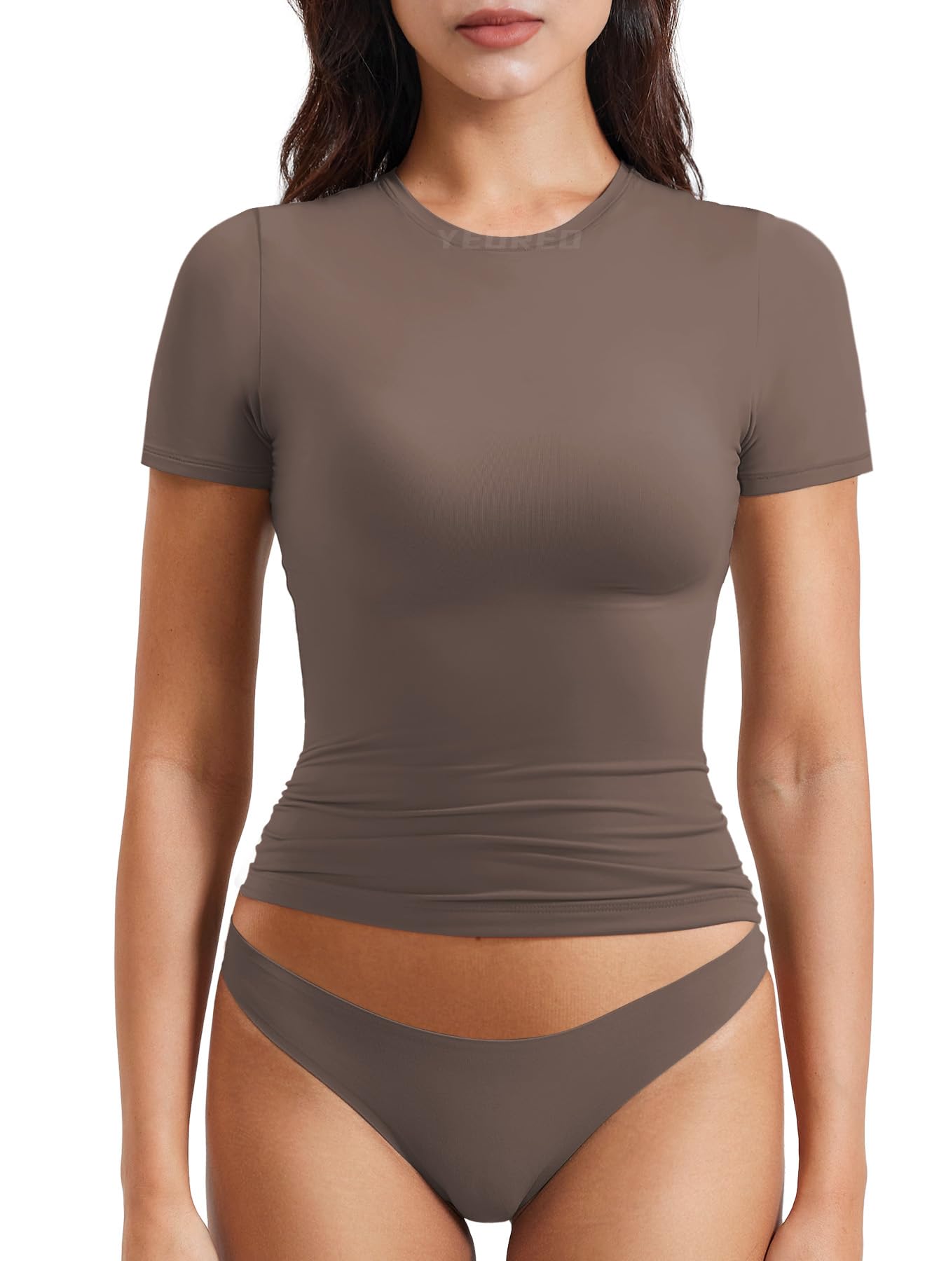 YEOREO Women Fitted Workout Tops Short Sleeve Double Lined Basic Y2K Going Out Crew Neck Compression Crop Top