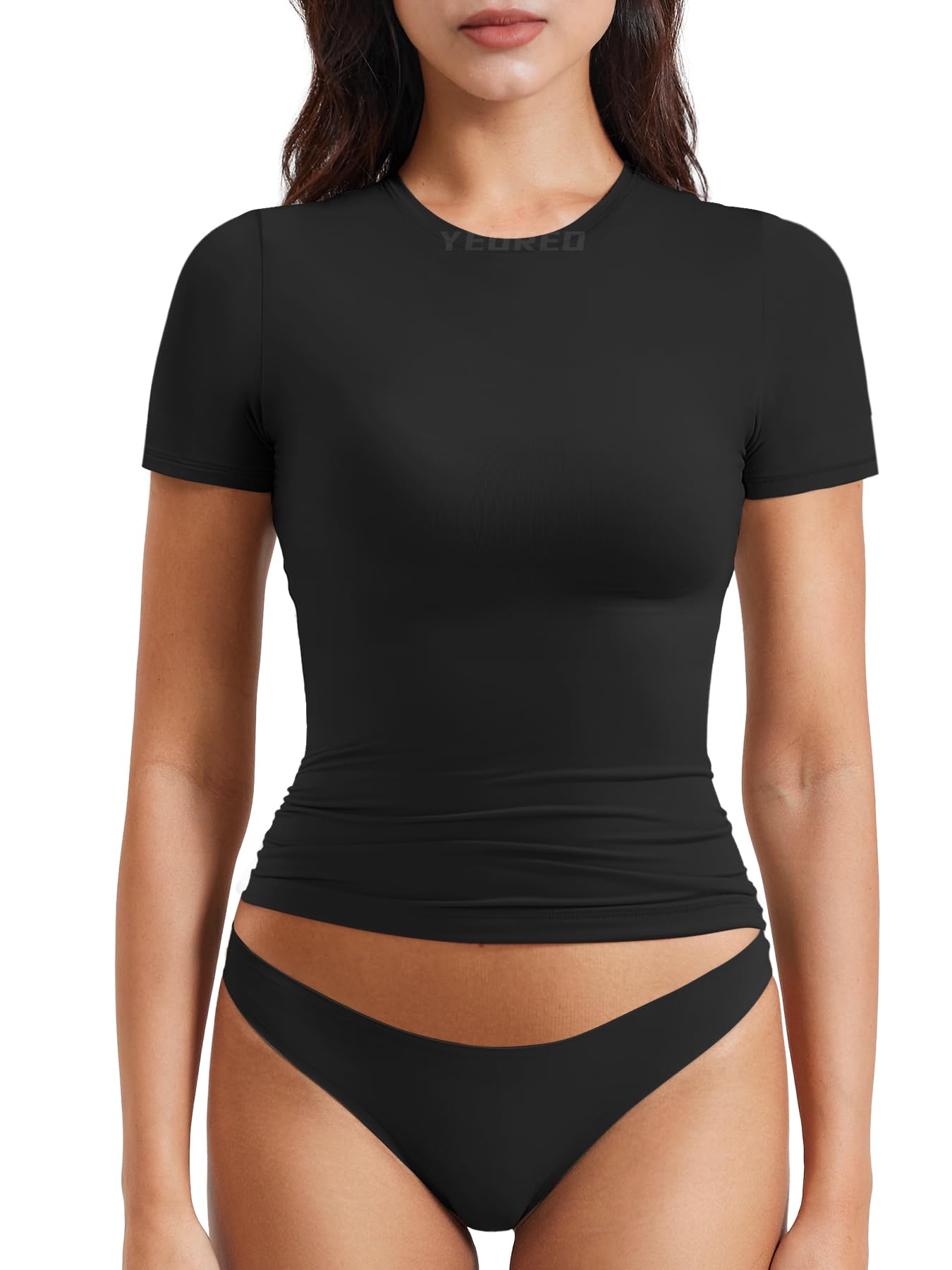 YEOREO Women Fitted Workout Tops Short Sleeve Double Lined Basic Y2K Going Out Crew Neck Compression Crop Top