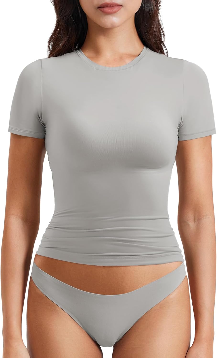 YEOREO Women Fitted Workout Tops Short Sleeve Double Lined Basic Y2K Going Out Crew Neck Compression Crop Top