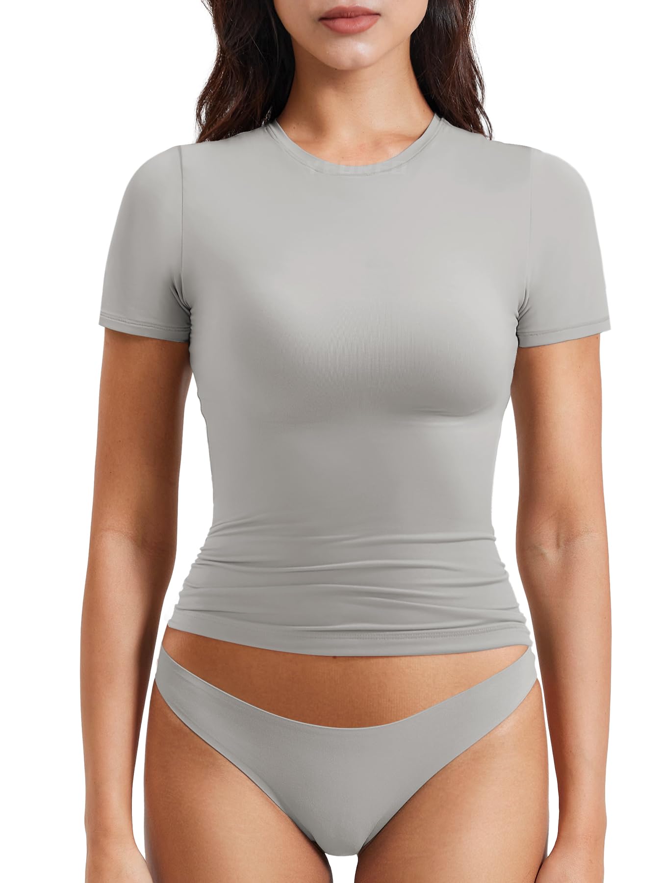 YEOREO Women Fitted Workout Tops Short Sleeve Double Lined Basic Y2K Going Out Crew Neck Compression Crop Top