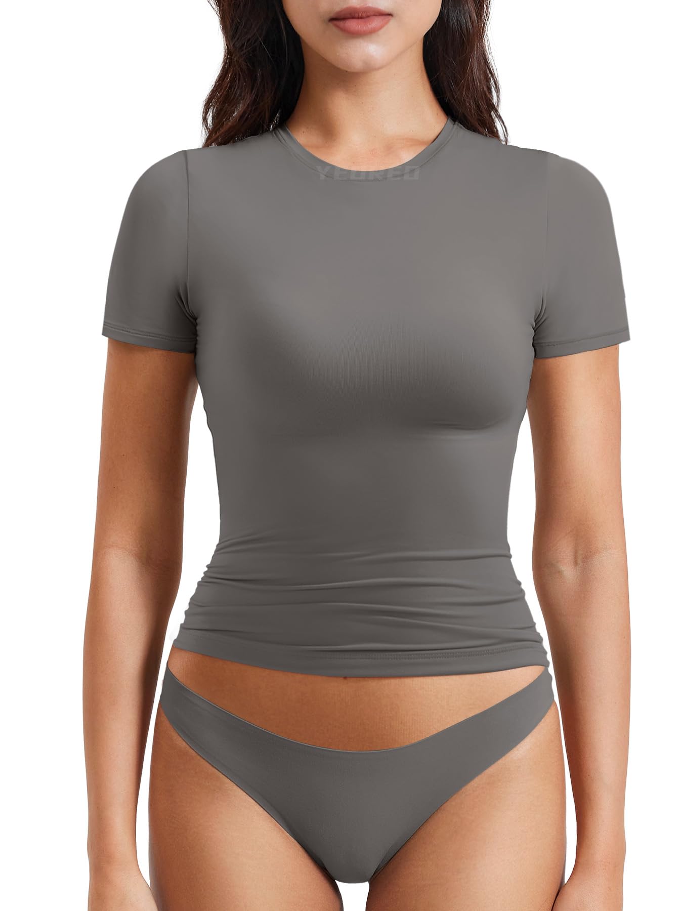 YEOREO Women Fitted Workout Tops Short Sleeve Double Lined Basic Y2K Going Out Crew Neck Compression Crop Top