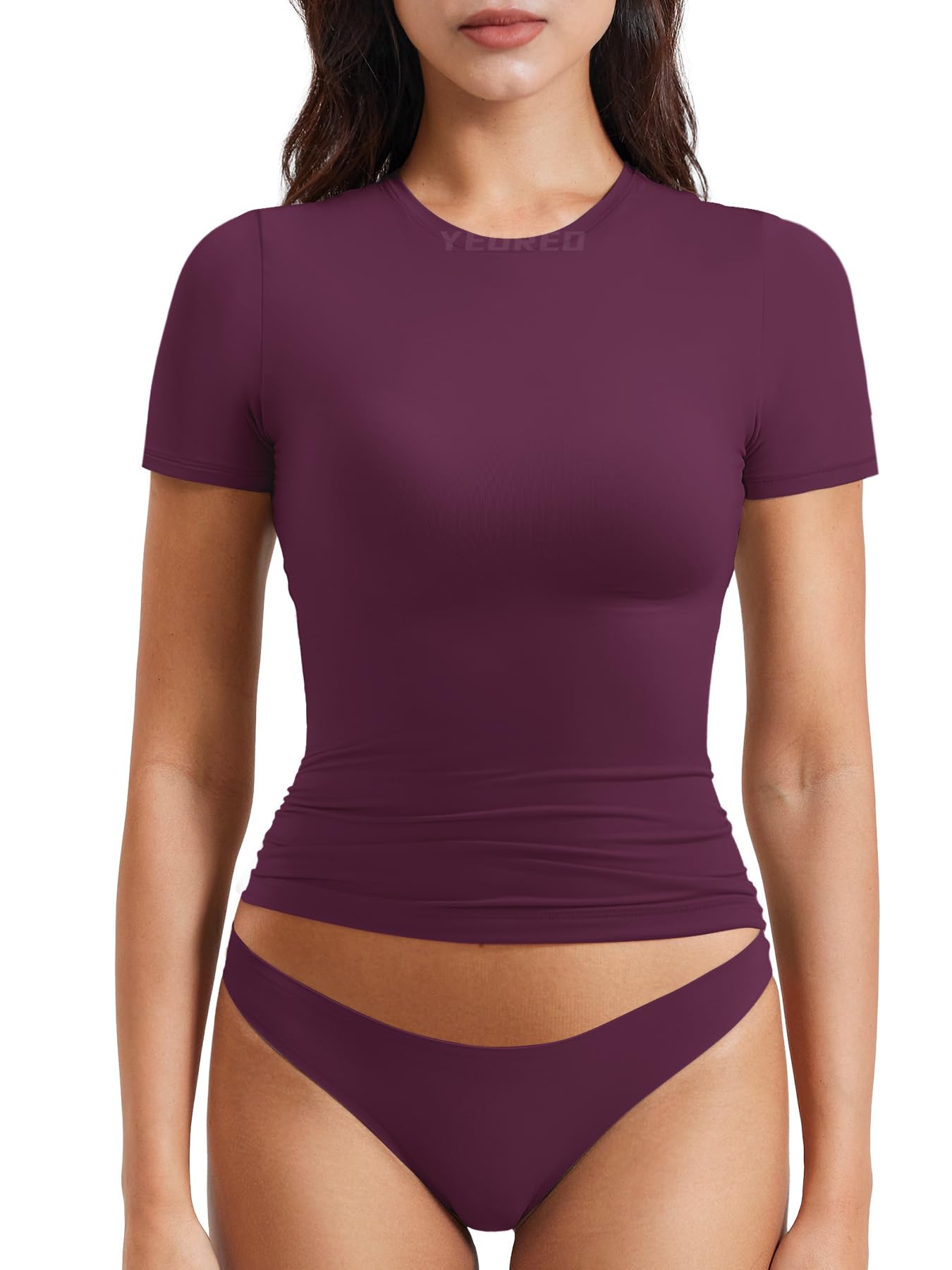 YEOREO Women Fitted Workout Tops Short Sleeve Double Lined Basic Y2K Going Out Crew Neck Compression Crop Top