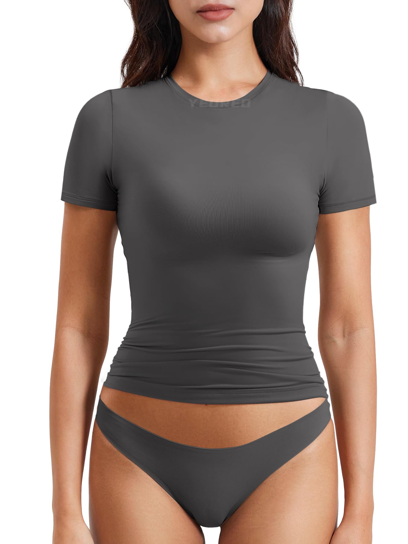 YEOREO Women Fitted Workout Tops Short Sleeve Double Lined Basic Y2K Going Out Crew Neck Compression Crop Top