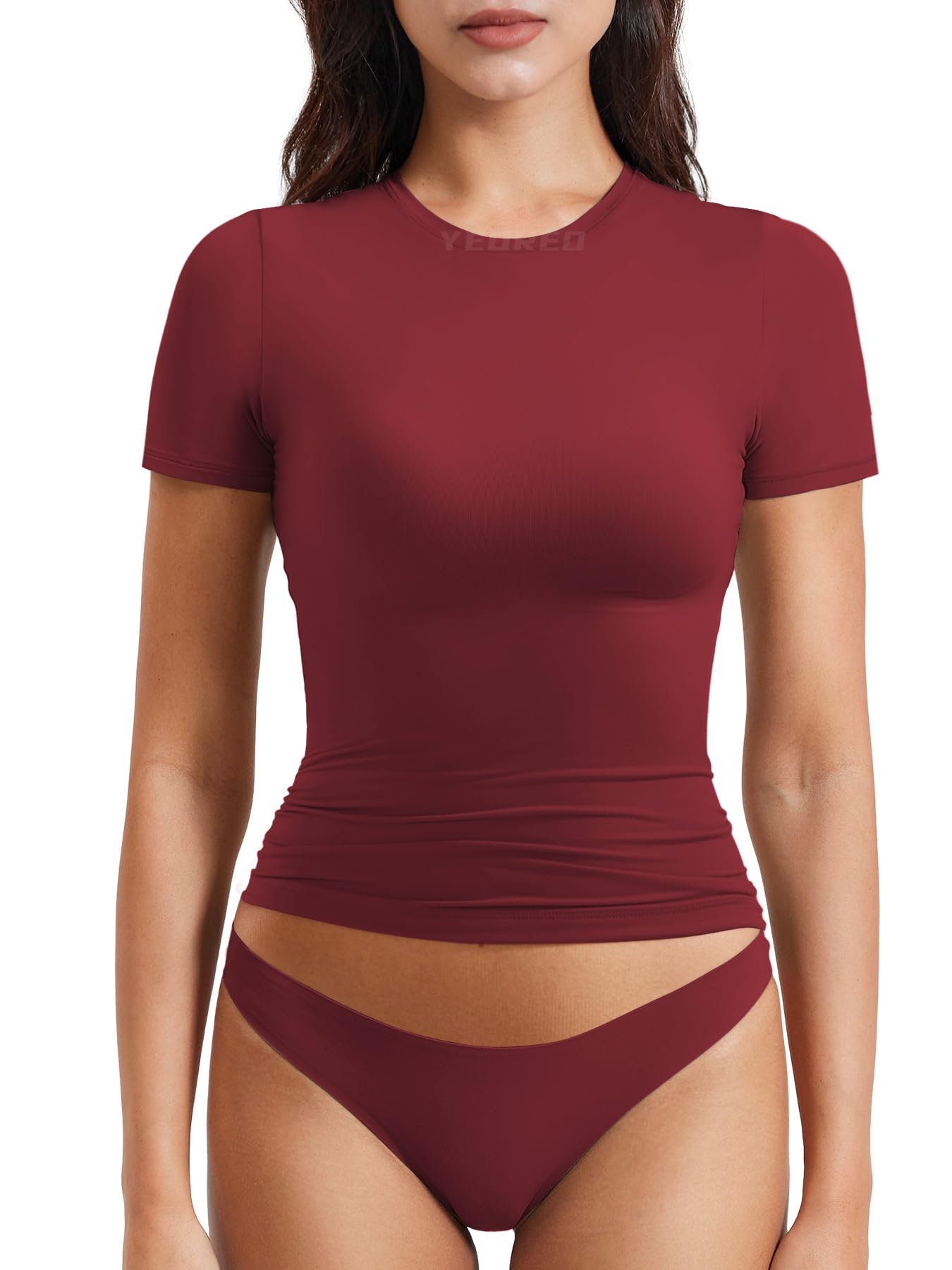 YEOREO Women Fitted Workout Tops Short Sleeve Double Lined Basic Y2K Going Out Crew Neck Compression Crop Top