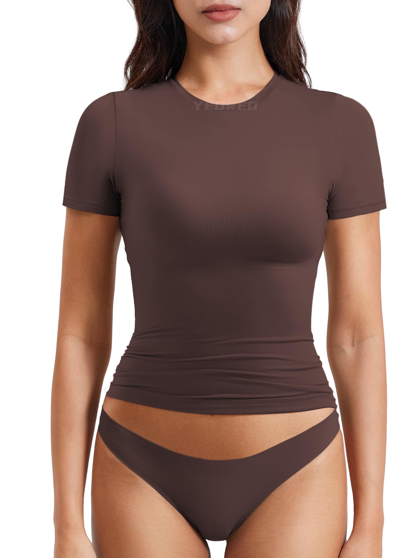 YEOREO Women Fitted Workout Tops Short Sleeve Double Lined Basic Y2K Going Out Crew Neck Compression Crop Top